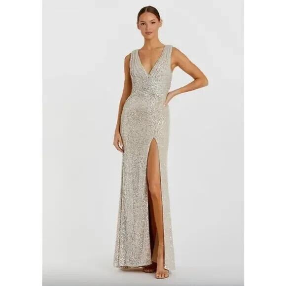 Mac Duggal 26598 SZ‎ 4 V-Neck Sleeveless Sequin Wrap Waist Gown Nude Gold NWT - Picture 1 of 7